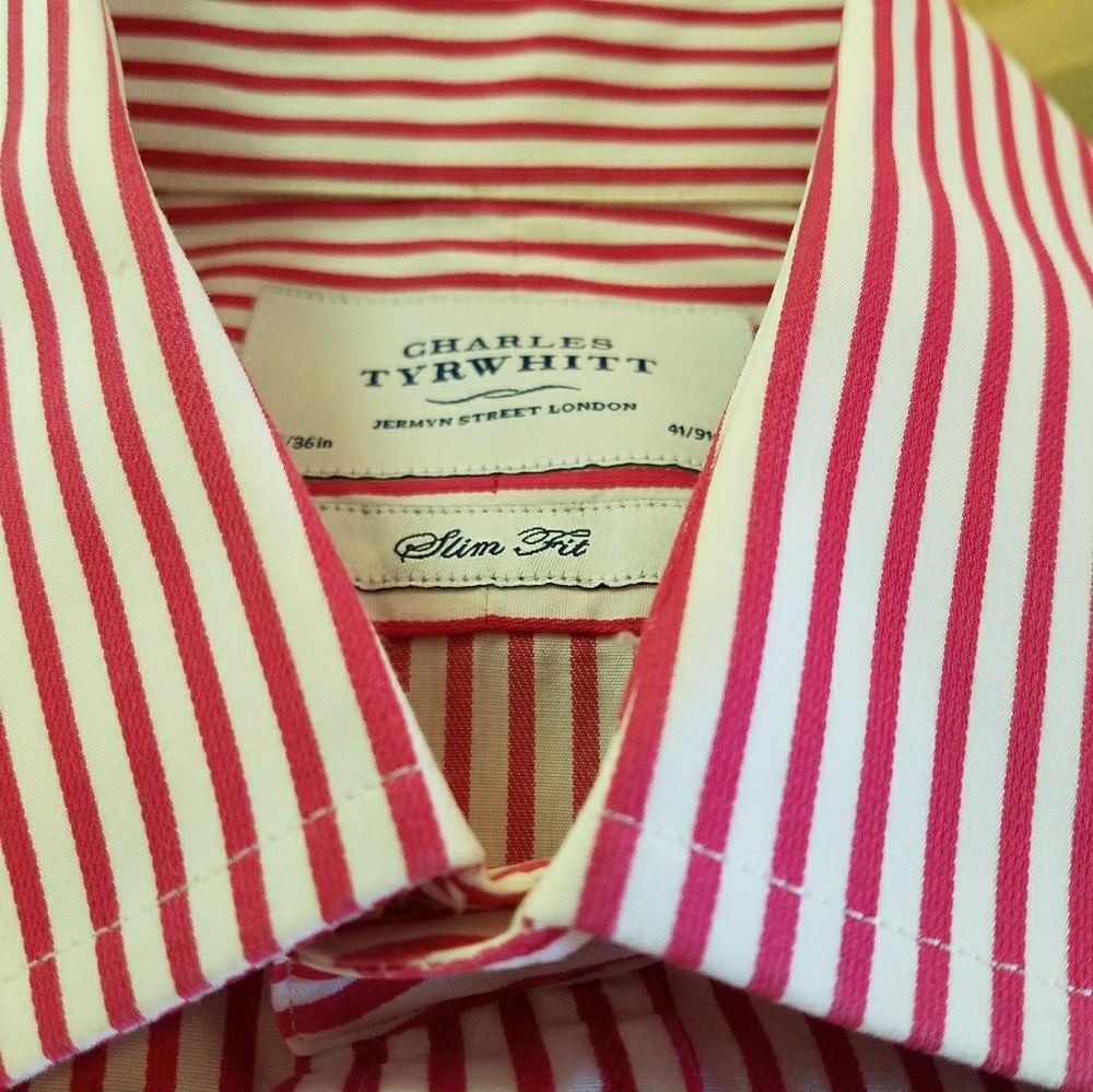 French cuff, pink/red striped dress shirt